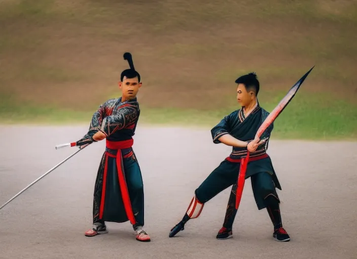 a young beautiful Asian male warrior in traditional Chinese costume practicing with a spear.