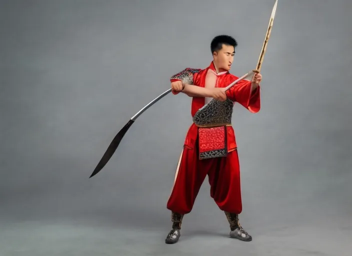 a young beautiful Asian male warrior in traditional Chinese costume practicing with a spear.