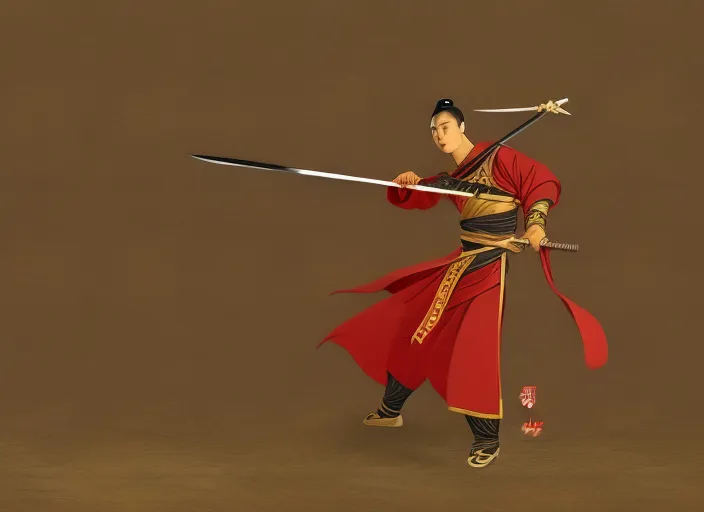 a young beautiful Asian male warrior in traditional Chinese costume practicing with a spear.