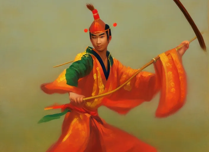 a young beautiful Asian male warrior in traditional Chinese costume practicing with a spear.