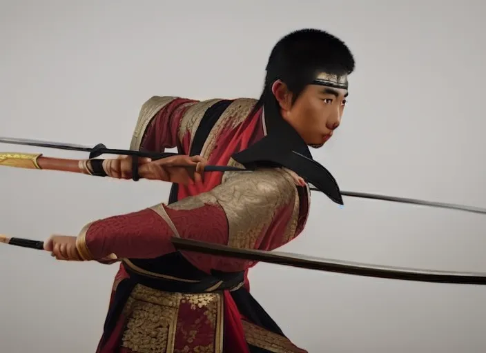 a young beautiful Asian male warrior in traditional Chinese costume practicing with a spear.