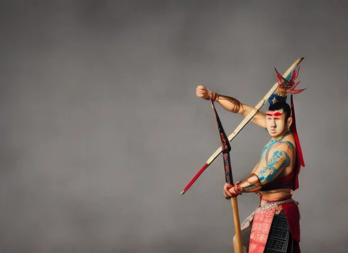 a young beautiful Asian male warrior in traditional Chinese costume practicing with a spear.