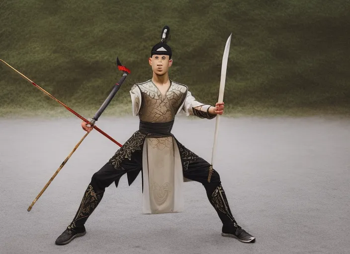 a young beautiful Asian male warrior in traditional Chinese costume practicing with a spear.