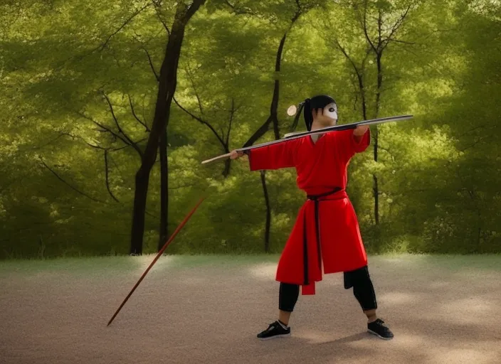 a young beautiful Asian male warrior in traditional Chinese costume practicing with a spear.