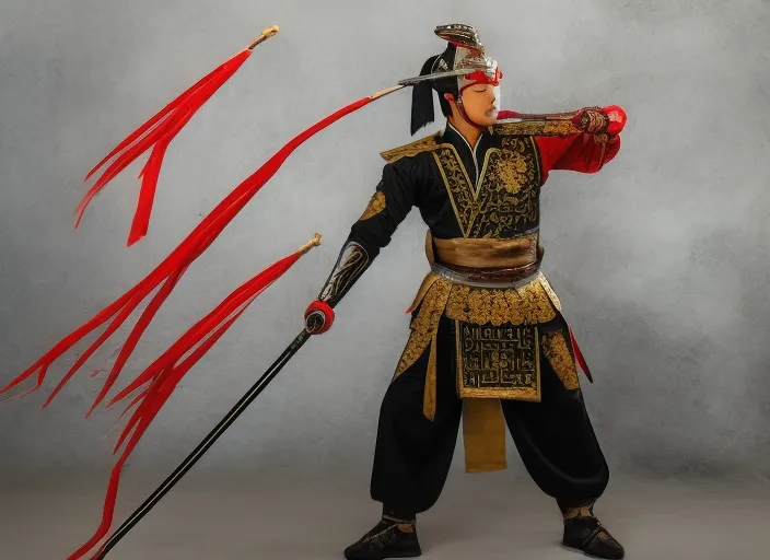 a young beautiful Asian male warrior in traditional Chinese costume practicing with a spear.