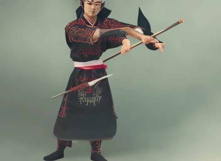 a young beautiful Asian male warrior in traditional Chinese costume practicing with a spear.