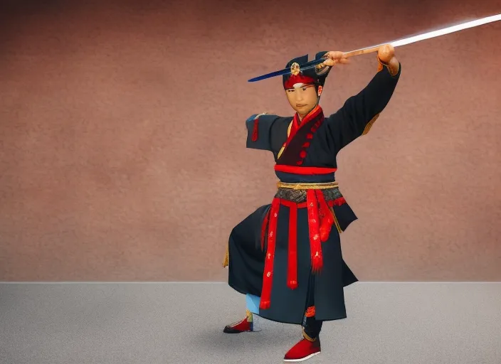a young beautiful Asian male warrior in traditional Chinese costume practicing with a spear.