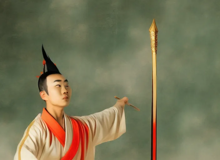 a young beautiful Asian male warrior in traditional Chinese costume practicing with a spear.
