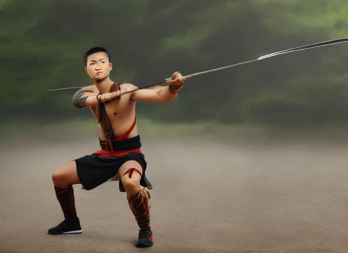 young beautiful Asian male warrior training with a spear.