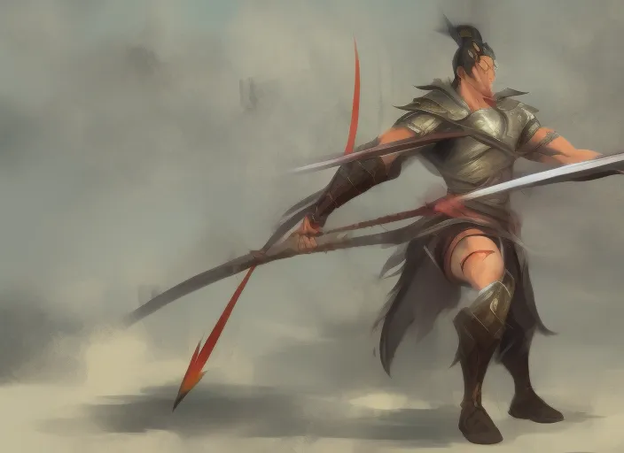 young beautiful Asian male warrior training with a spear.