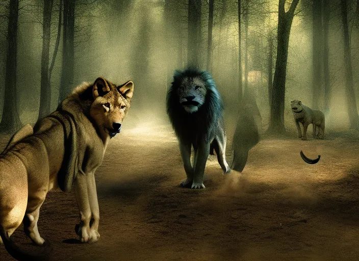 a lone wolf walks through the forest and meets a lion on an alien planet, Great rutkovski 
