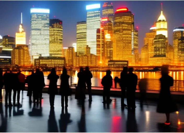 energy and excitement of the bustling city at midnight, bright lights of the skyscrapers illuminate the dark sky, casting a golden glow on the busy streets below, Crowds of people,rushing from one place to another, their faces lit up with excitement and anticipation,foreground, a lone figure stands still, looking up at the towering buildings with a mixture of awe and wonder, chaos, taking a moment to reflect on the beauty and majesty of the city at its most alive::3.9 https://firebasestorage.googleapis.com/v0/b/noonshot-prod.appspot.com/o/midjourney%2Fimages%2F4336a5bd-b185-4ffc-ad7c-41543670bb55?alt=media&token=60553d87-d0f2-41c4-ad34-a18b82029912:: realistic::3.1 surreal::2.3 candlelight::2.6 dusk::2.5 sunlight::1.4 360 panorama::2.3 miniature faking::0.5 panorama::2.5 satellite imagery::0.3 matte black color::2 neon blue color::2.3 yellow::0.3 white::1.8 turquoise::0.4 --ar 1:1 --v 4 --quality 2 --chaos 45