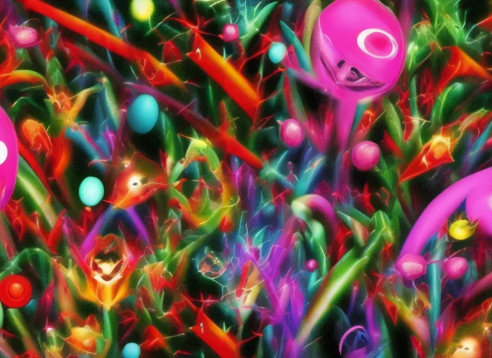 a magic garden ,trippy, cosmic, music,  colorfull, full hd, high quality, rabits running