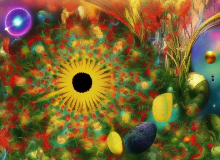 a magic garden , cosmic, music,  colorfull, full hd, high quality, Dali Style 