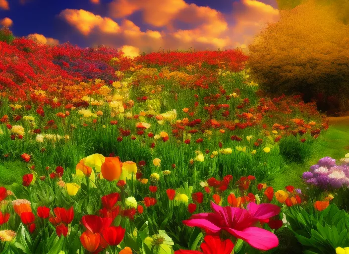 a magic garden, eden, spring time, colorfull flowers, full hd, high quality