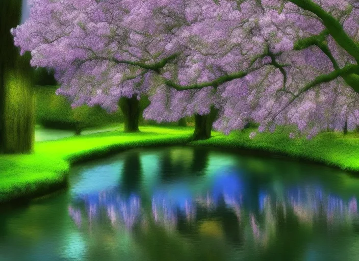 a magic garden, with a river, and big tree, spring time, flowers of tender colours, full hd, high quality