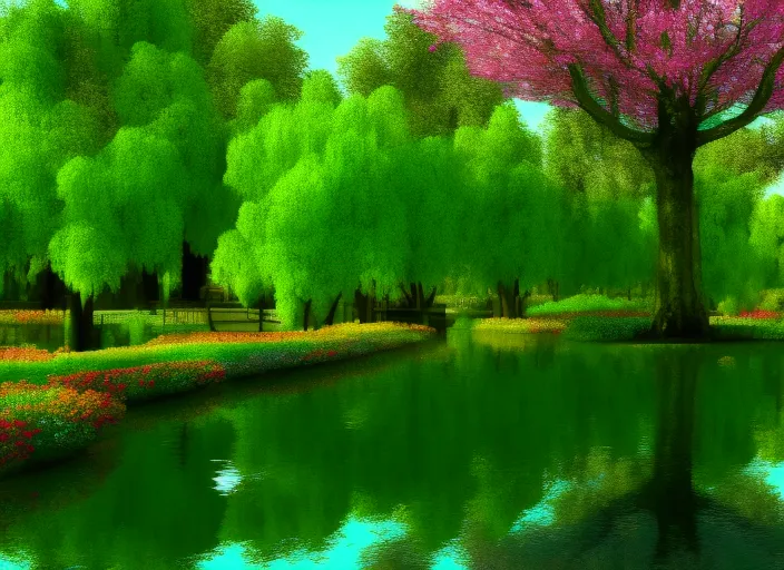 a magic garden, with a river, and big tree, spring time, flowers of tender colours, full hd, high quality