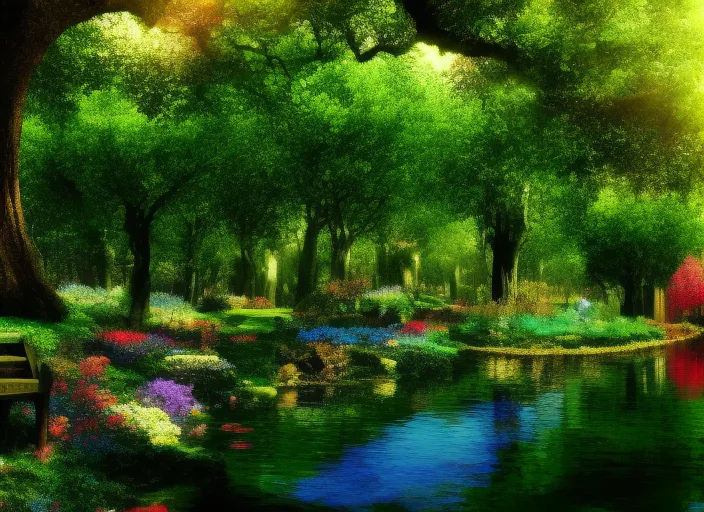 a magic garden, with a river, and big tree, spring time, cosmic, full hd, high quality