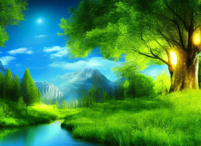 a magic forest with a river, and big trees, spring time, cosmic, full hd, high quality, 8k,  blue sky, lighting 