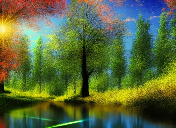 a magic forest with a river, and big trees, spring time, cosmic, colorfull, full hd, high quality, 8k,  blue sky, lighting, 