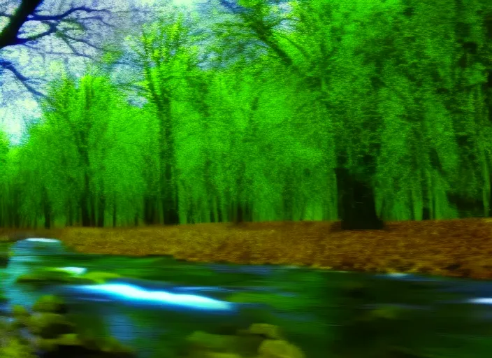 a video clip of a  magic forest with a river, and big trees, spring time, cosmic, colorfull, full hd, high quality, 8k,  blue sky, lighting, cinematic