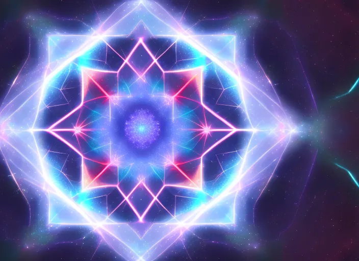 “Sacred geometry, 8K, high quality, cosmic, beautiful, hypnotic with stars and meteors added. add some stars and meteors to the background” youtube format 
