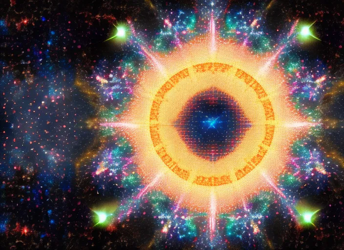 “Sacred geometry, 8K, high quality, cosmic, beautiful, hypnotic with stars and meteors added. add some stars and meteors to the background” youtube format 
