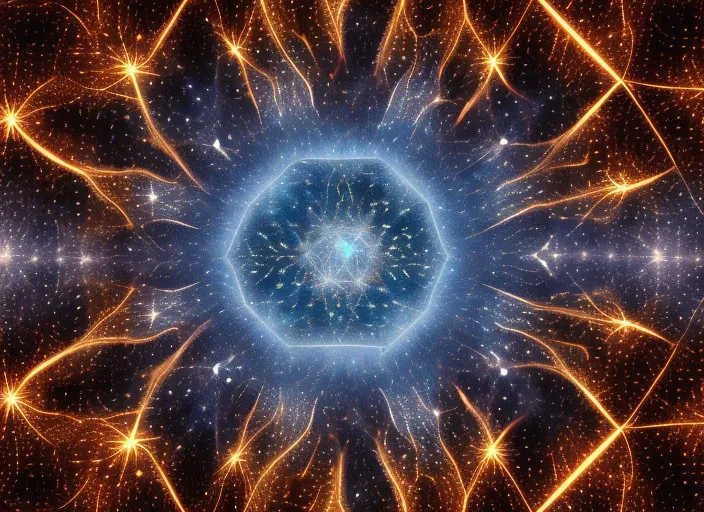 “Sacred geometry, 8K, high quality, cosmic, beautiful, hypnotic with stars and meteors added. add some stars and meteors,  youtube format 
