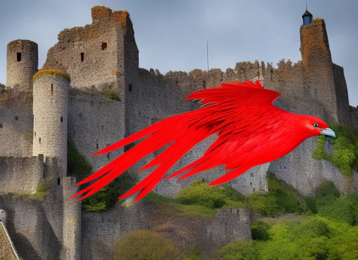 red phoenix bird flies over the old castle