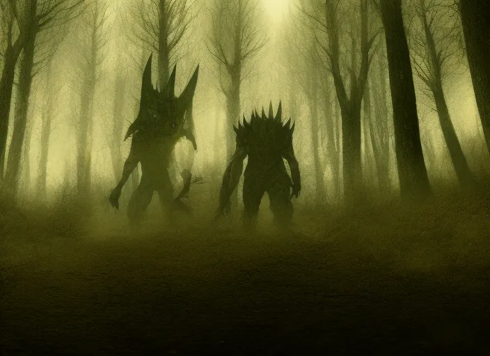 Dark scary forest where a big monster with fangs is walking