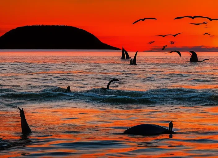 a vibrant sunset on the ocean shore, where whales are jumping out of the water surrounded by pelicans and sea lions, and in the distance, a sailboat can be seen on the horizon