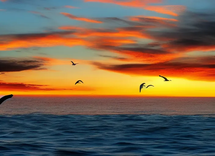 a vibrant sunset on the ocean shore, where whales are jumping out of the water surrounded by pelicans and sea lions, and in the distance, a sailboat can be seen on the horizon