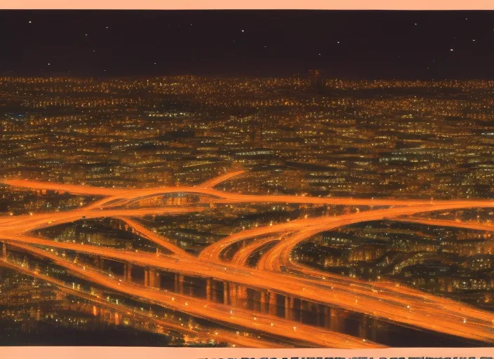 a vibrant cityscape at night, where numerous brightly lit buildings and bridges intersect against a dark sky. In the distance, the lights of cars can be seen, and in the foreground, people are walking and enjoying the nightlife in the city