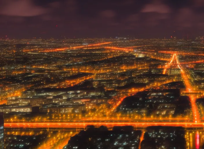 a vibrant cityscape at night, where numerous brightly lit buildings and bridges intersect against a dark sky. In the distance, the lights of cars can be seen, and in the foreground, people are walking and enjoying the nightlife in the city