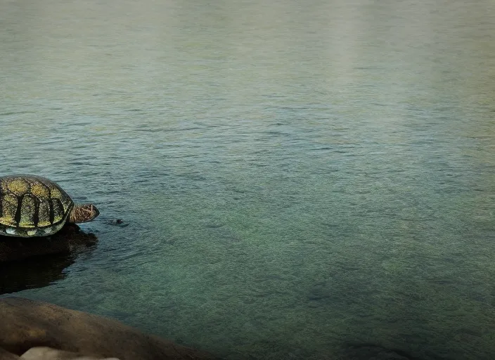 a little turtle climbing onto a rock at the edge of a lake. She gazes out at the water and dreams of adventure