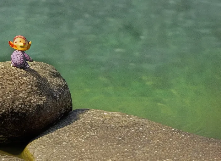 a little turtle climbing onto a rock at the edge of a lake. She gazes out at the water and dreams of adventure. Cartoon