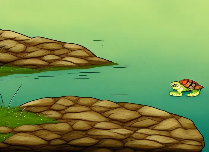 a little turtle climbing onto a rock at the edge of a lake. She gazes out at the water and dreams of adventure. Cartoon style