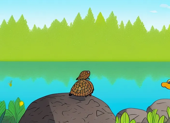 a little turtle climbing onto a rock at the edge of a lake. She gazes out at the water and dreams of adventure. Cartoon style