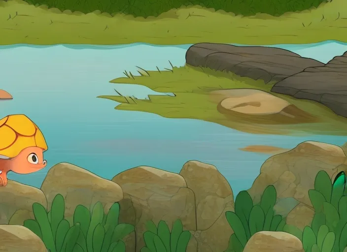 a little turtle climbing onto a rock at the edge of a lake. She gazes out at the water and dreams of adventure. Cartoon style