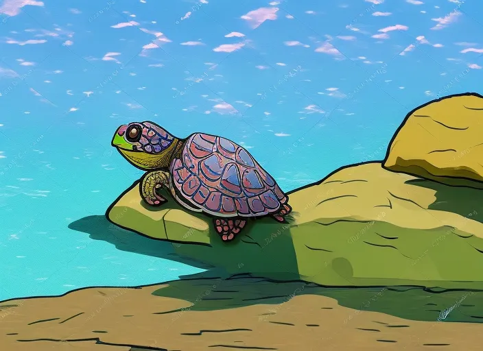 a little turtle climbing onto a rock at the edge of a lake. She gazes out at the water and dreams of adventure. Cartoon style