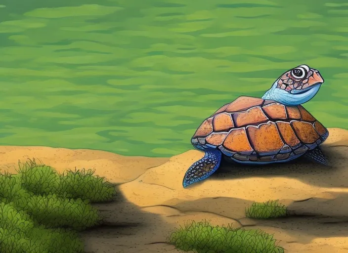 a little turtle climbing onto a rock at the edge of a lake. She gazes out at the water and dreams of adventure. Cartoon style