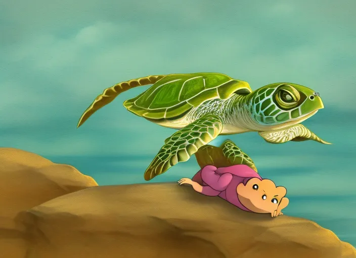 a little turtle climbing onto a rock at the edge of a lake. She gazes out at the water and dreams of adventure. Cartoon style