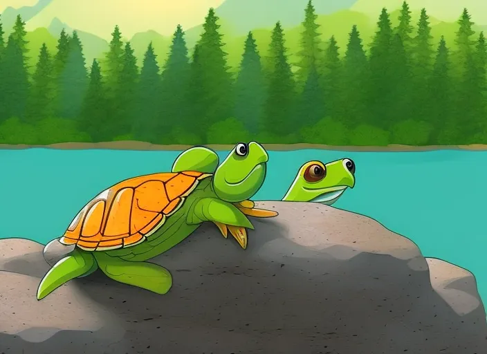 a little turtle climbing onto a rock at the edge of a lake. She gazes out at the water and dreams of adventure. Cartoon style