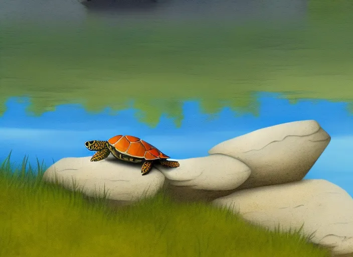 a little turtle climbing onto a rock at the edge of a lake. She gazes out at the water and dreams of adventure. Cartoon style