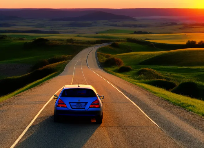 person sitting in a car, with one half of their face illuminated by the warm glow of the setting sun and the other half in the cool blue light of the rising moon. They look lost in thought, with a hint of sadness in their eyes. In the background, the road stretches out ahead, winding its way through rolling hills and fields, symbolizing the journey they're on. The split between the two time zones represents the feeling of being torn between two worlds, with one foot in the past and one in the future. This song is about that feeling of uncertainty, of being caught between two places and trying to find your way forward.