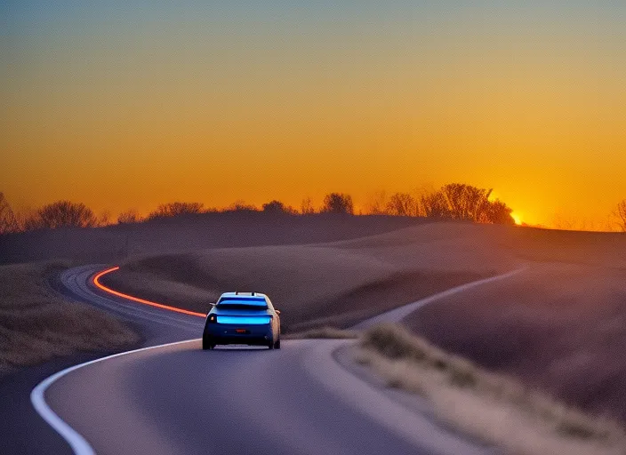 person sitting in a car, with one half of their face illuminated by the warm glow of the setting sun and the other half in the cool blue light of the rising moon. They look lost in thought, with a hint of sadness in their eyes. In the background, the road stretches out ahead, winding its way through rolling hills and fields, symbolizing the journey they're on. The split between the two time zones represents the feeling of being torn between two worlds, with one foot in the past and one in the future. This song is about that feeling of uncertainty, of being caught between two places and trying to find your way forward.