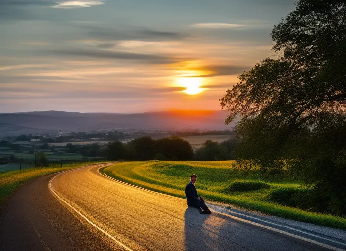  A photo of a person sitting in a car, with one half of their face illuminated by the warm glow of the setting sun and the other half in the cool blue light of the rising moon. They look lost in thought, with a hint of sadness in their eyes. In the background, the road stretches out ahead, winding its way through rolling hills and fields, symbolizing the journey they're on. The split between the two time zones represents the feeling of being torn between two worlds, with one foot in the past and one in the future. This song is about that feeling of uncertainty, of being caught between two places and trying to find your way forward.::2.7 https://firebasestorage.googleapis.com/v0/b/noonshot-prod.appspot.com/o/midjourney%2Fimages%2F2d4d3fb2-896b-4b36-93e0-68b1d5e220b3?alt=media&token=80e57530-578b-40e0-a6b0-6de01e1009b1:: fire::1 glowing radioactively::1 glowing::2.1 glowstick::1.5 sunlight::1.4 defocus::-0.5 --ar 2:1 --v 4 --chaos 10
