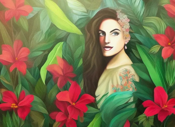 Add a colorful and vibrant background to add depth and contrast to the portrait, such as a jungle or forest scene, with lush greenery and exotic flowers. Incorporate a colorful and vibrant background to add depth and contrast to the portrait, such as a jungle or forest scene, with lush greenery and exotic flowers