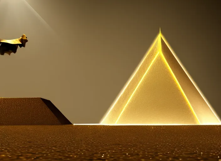 golden pyramid levitating over money, cinematic lights