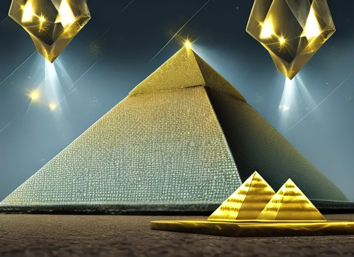 golden pyramid levitating over money, cinematic lights
